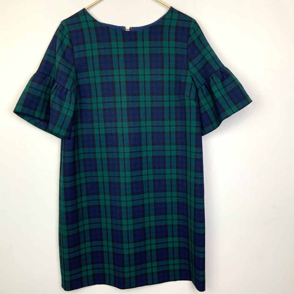Vineyard Vines Sz 6 Blue Green Blackwatch Plaid Ruffle Sleeve Shift Dress